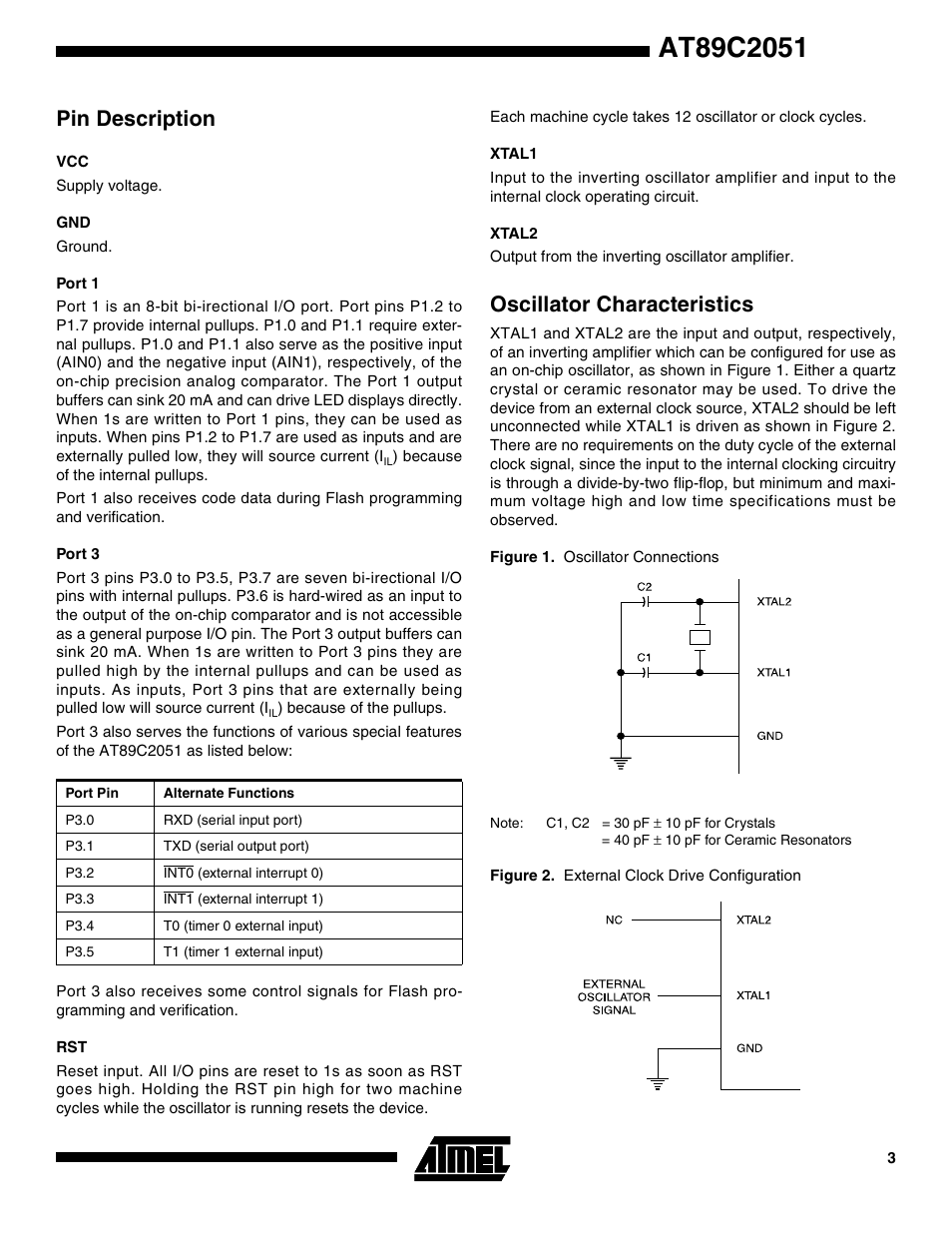 Pin description, Port 1, Port 3 | Xtal1, Xtal2, Oscillator characteristics | Rainbow Electronics АТ89С2051 User Manual | Page 3 / 15