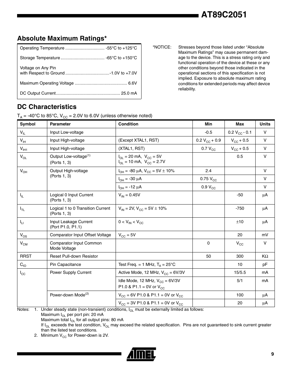 Absolute maximum ratings, Dc characteristics | Rainbow Electronics АТ89С2051 User Manual | Page 9 / 15