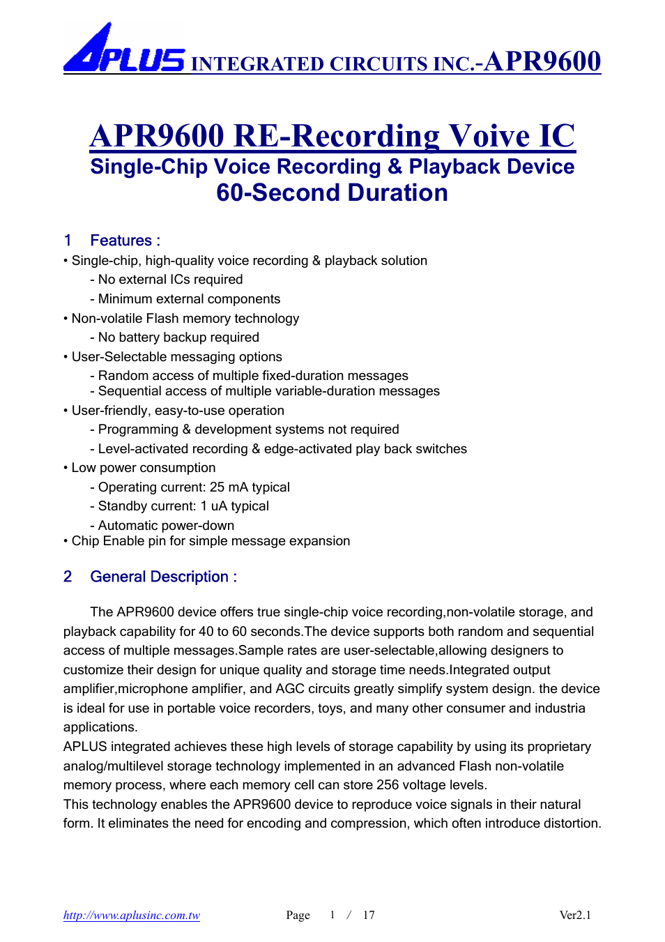 Rainbow Electronics APR9600 User Manual | 17 pages