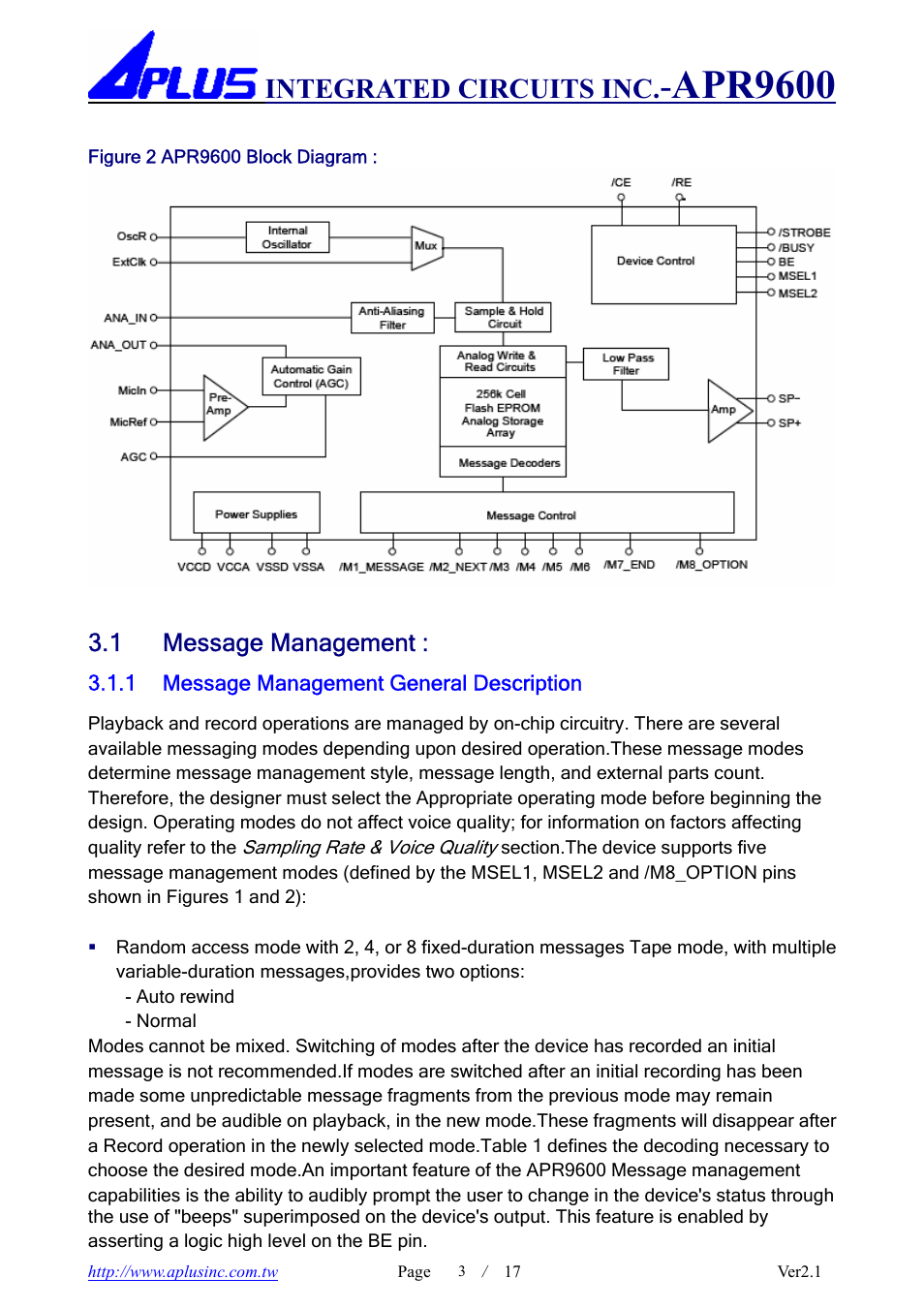 Apr9600, Integrated circuits inc, 1 message management | Rainbow Electronics APR9600 User Manual | Page 3 / 17