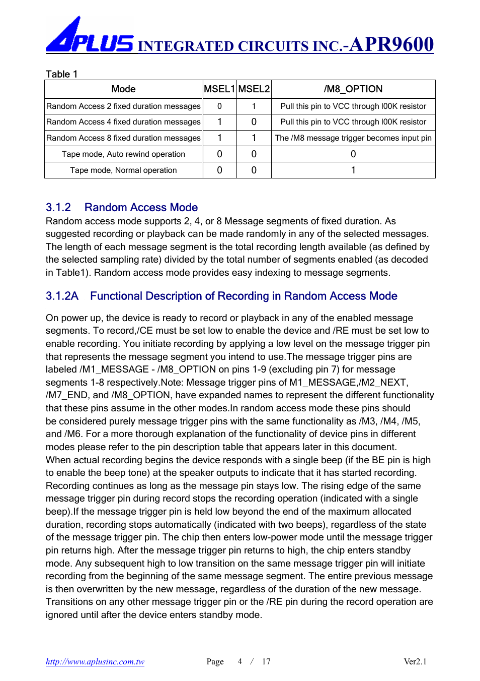 Apr9600, Integrated circuits inc | Rainbow Electronics APR9600 User Manual | Page 4 / 17