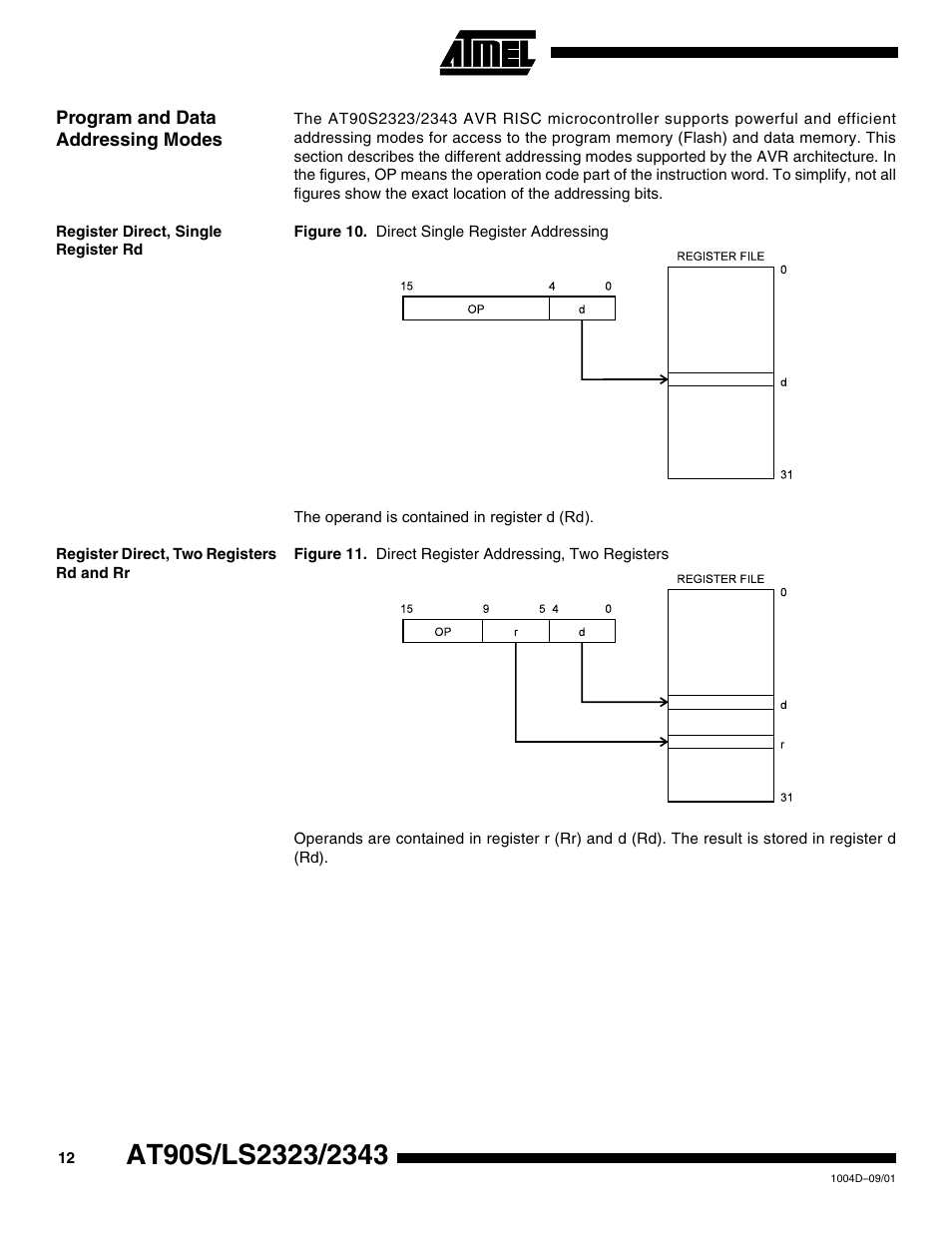 Program and data addressing modes, Register direct, single register rd, Register direct, two registers rd and rr | Rainbow Electronics AT90LS2343 User Manual | Page 12 / 64