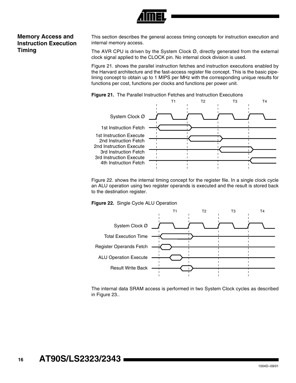 Memory access and instruction execution timing | Rainbow Electronics AT90LS2343 User Manual | Page 16 / 64