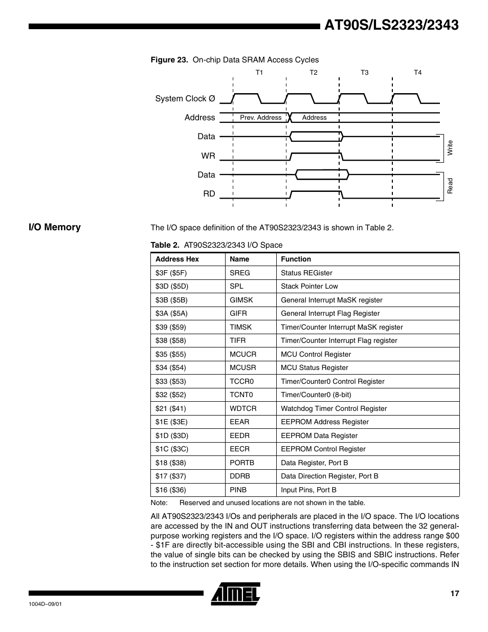 I/o memory | Rainbow Electronics AT90LS2343 User Manual | Page 17 / 64