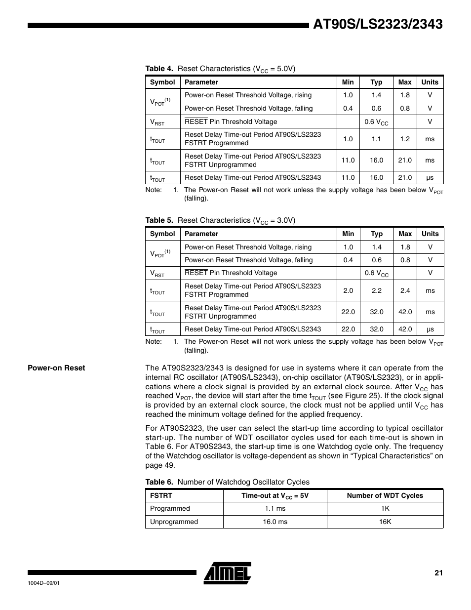 Power-on reset | Rainbow Electronics AT90LS2343 User Manual | Page 21 / 64