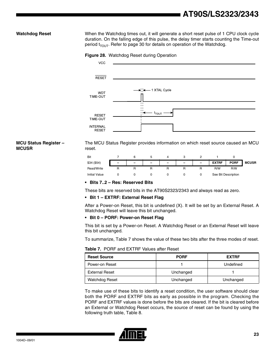 Watchdog reset, Mcu status register – mcusr | Rainbow Electronics AT90LS2343 User Manual | Page 23 / 64