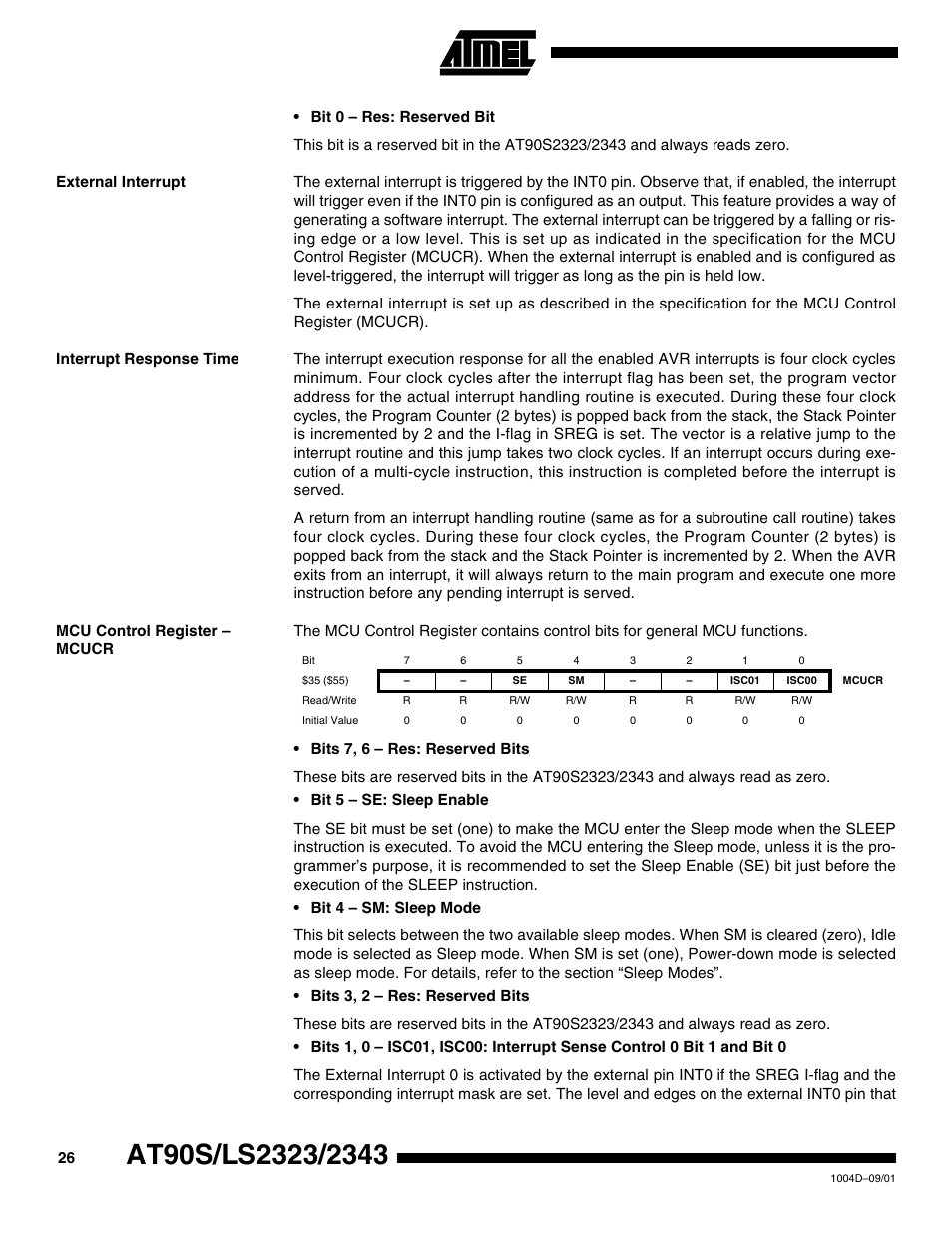 External interrupt, Interrupt response time, Mcu control register – mcucr | Rainbow Electronics AT90LS2343 User Manual | Page 26 / 64