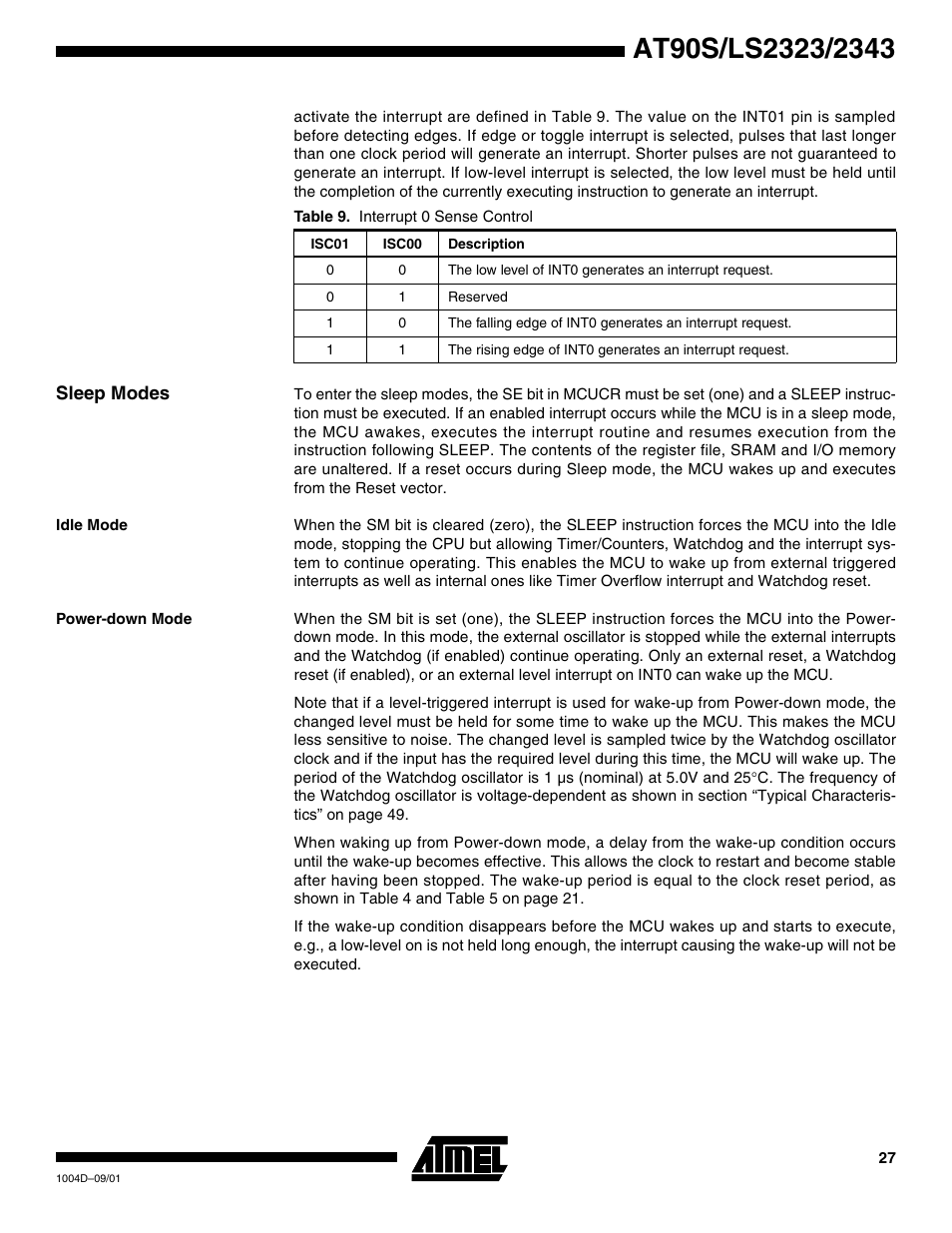 Sleep modes, Idle mode, Power-down mode | Rainbow Electronics AT90LS2343 User Manual | Page 27 / 64