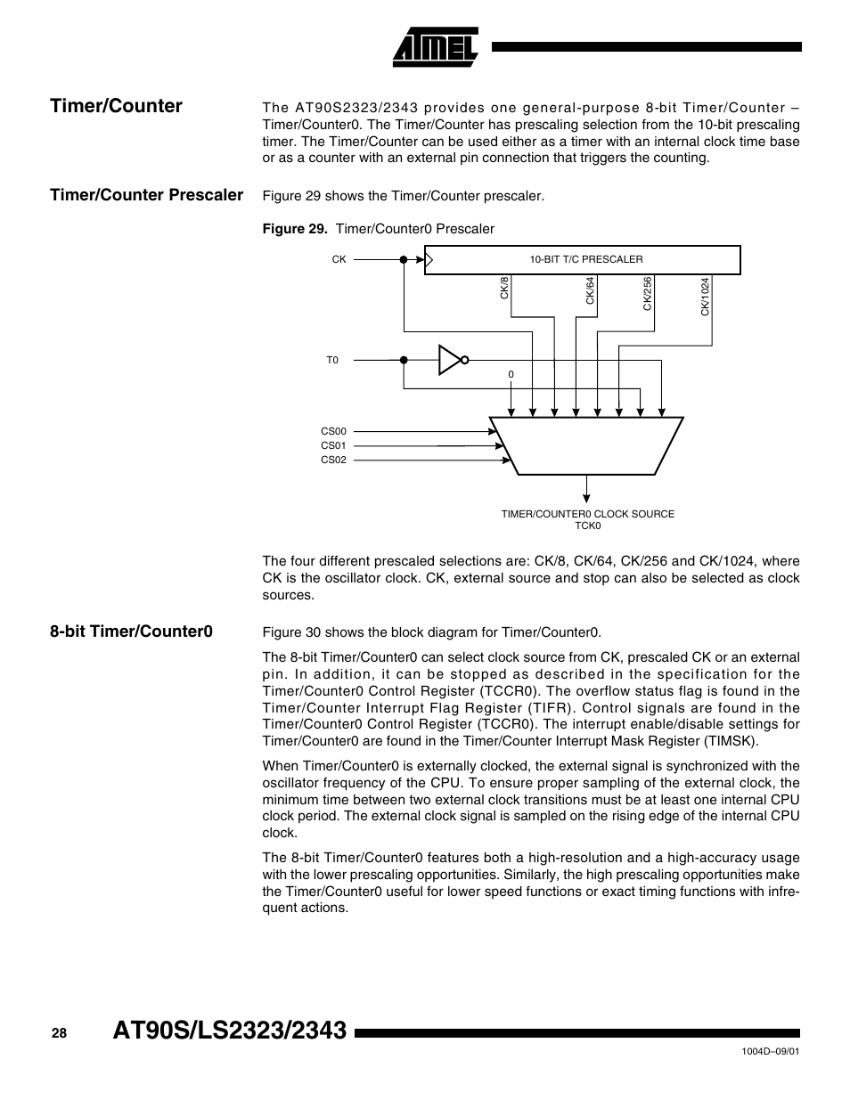 Timer/counter, Timer/counter prescaler, Bit timer/counter0 | Rainbow Electronics AT90LS2343 User Manual | Page 28 / 64