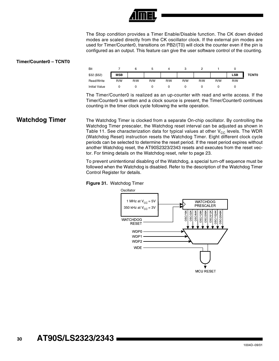 Timer/counter0 – tcnt0, Watchdog timer | Rainbow Electronics AT90LS2343 User Manual | Page 30 / 64