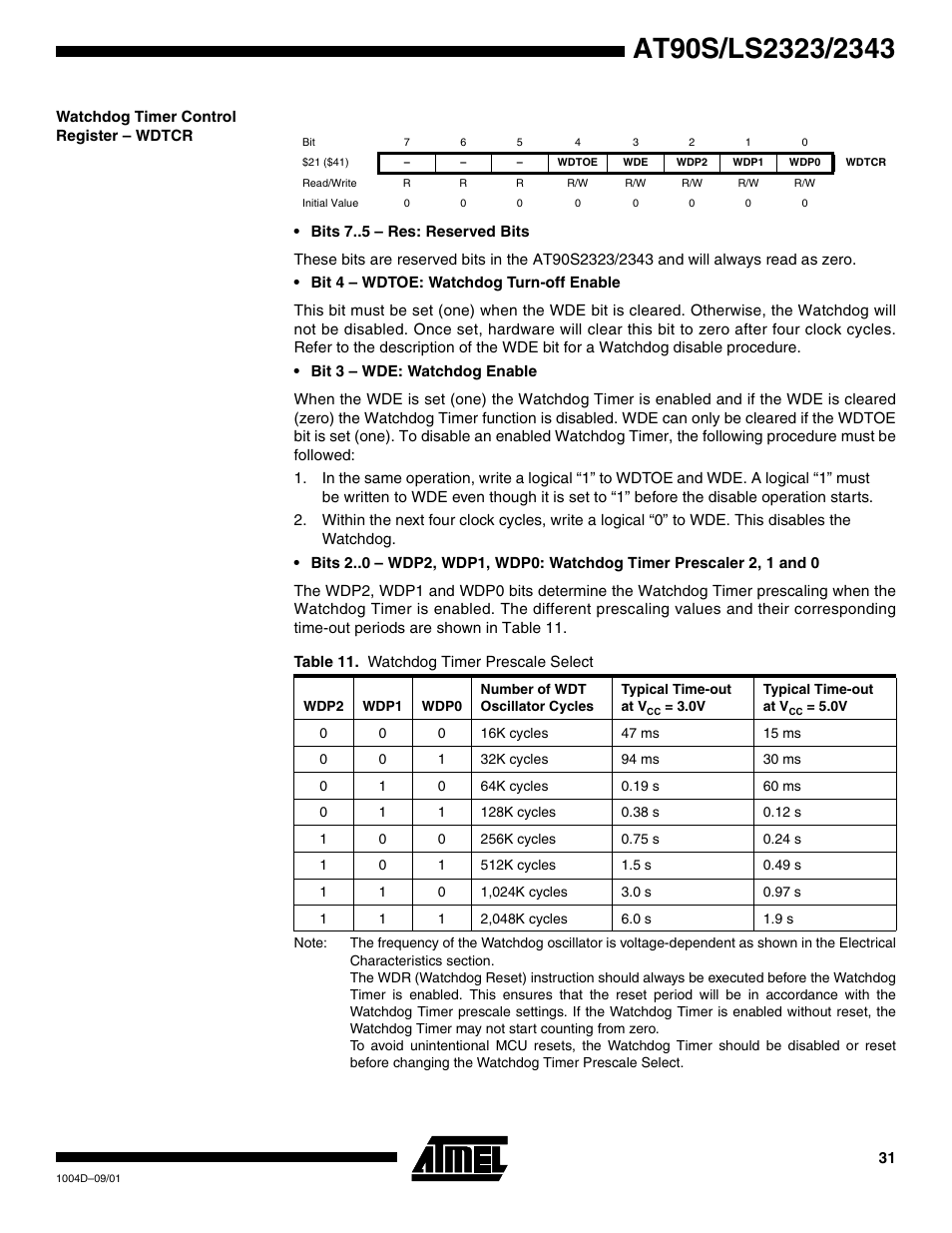 Watchdog timer control register – wdtcr | Rainbow Electronics AT90LS2343 User Manual | Page 31 / 64