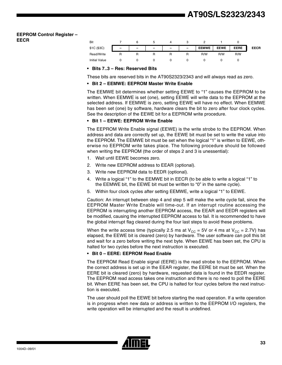 Eeprom control register – eecr | Rainbow Electronics AT90LS2343 User Manual | Page 33 / 64