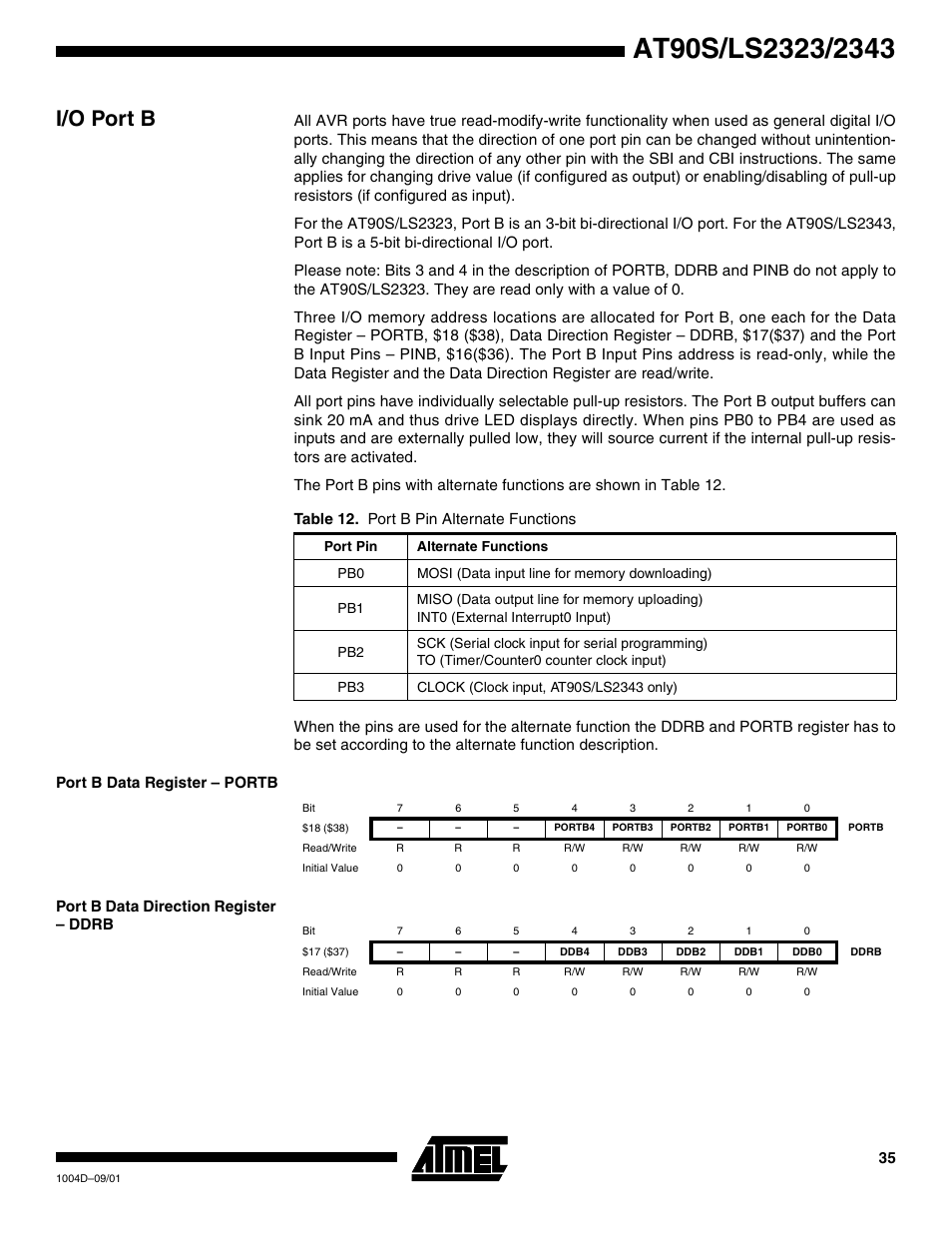 I/o port b, Port b data register – portb, Port b data direction register – ddrb | Rainbow Electronics AT90LS2343 User Manual | Page 35 / 64