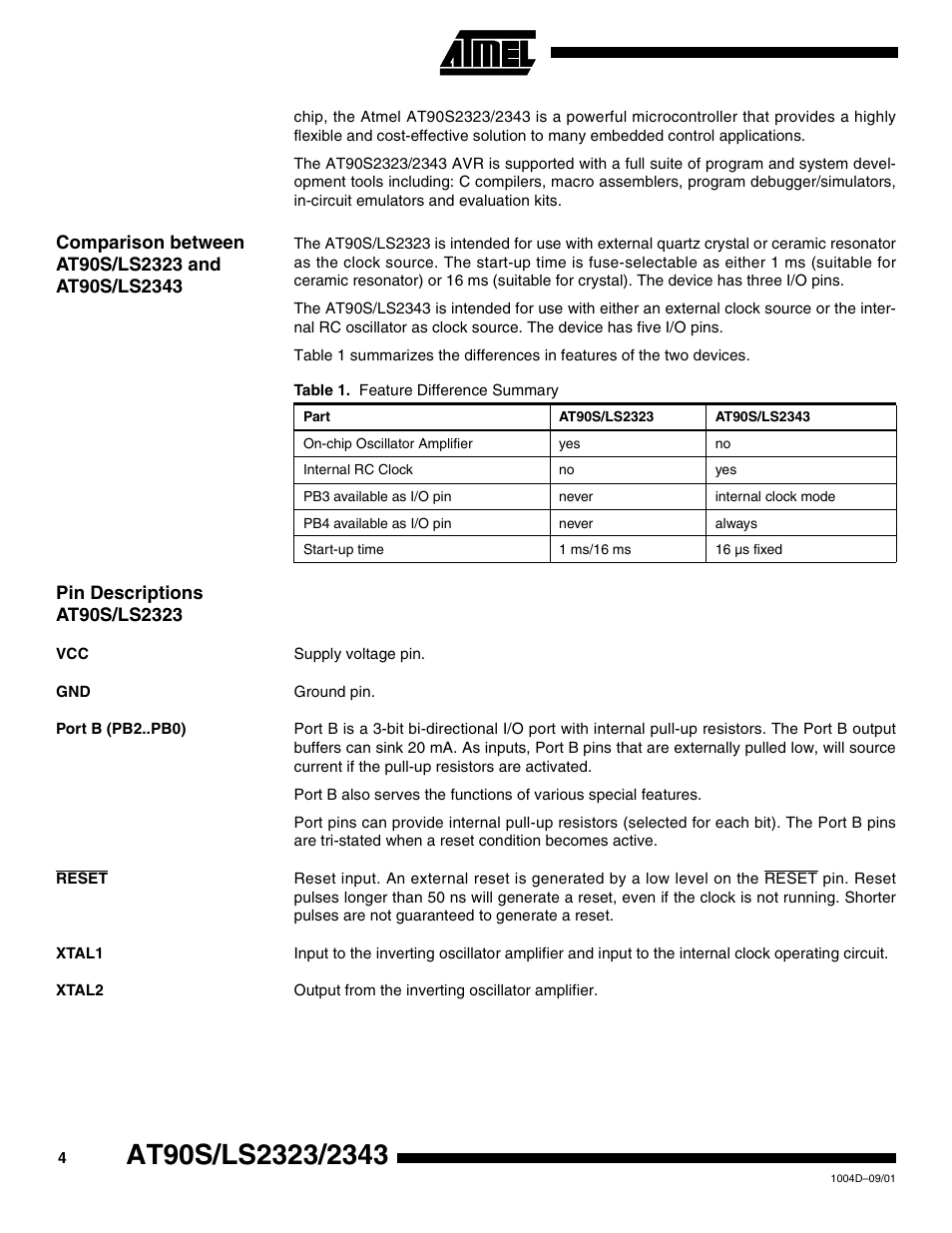 Comparison between at90s/ls2323 and at90s/ls2343, Pin descriptions at90s/ls2323, Port b (pb2..pb0) | Reset, Xtal1, Xtal2 | Rainbow Electronics AT90LS2343 User Manual | Page 4 / 64