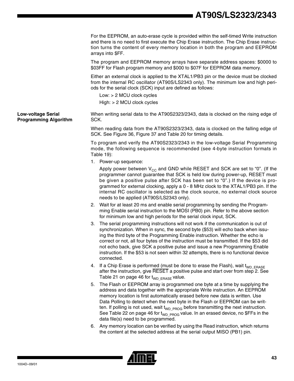 Low-voltage serial programming algorithm | Rainbow Electronics AT90LS2343 User Manual | Page 43 / 64