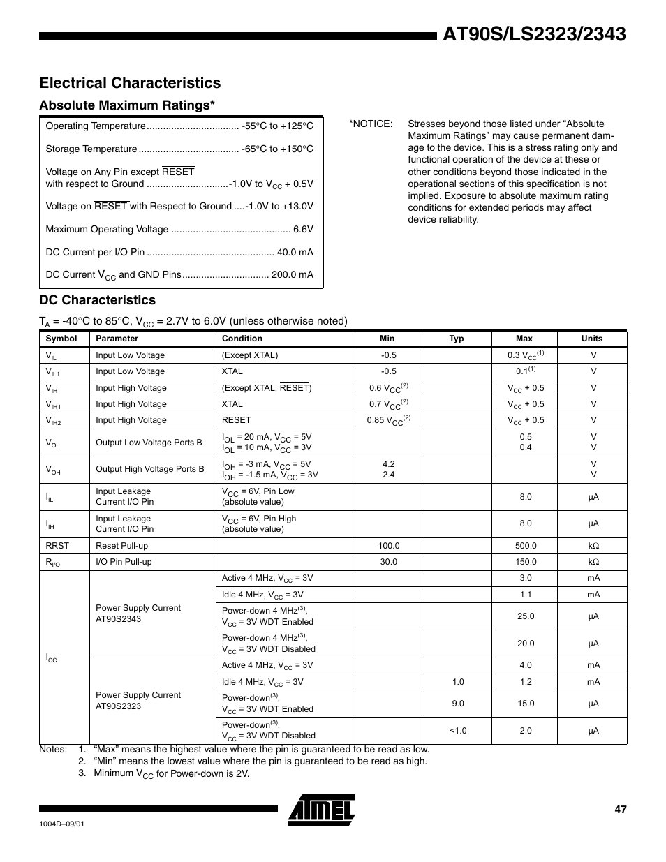 Electrical characteristics, Absolute maximum ratings, Dc characteristics | Rainbow Electronics AT90LS2343 User Manual | Page 47 / 64