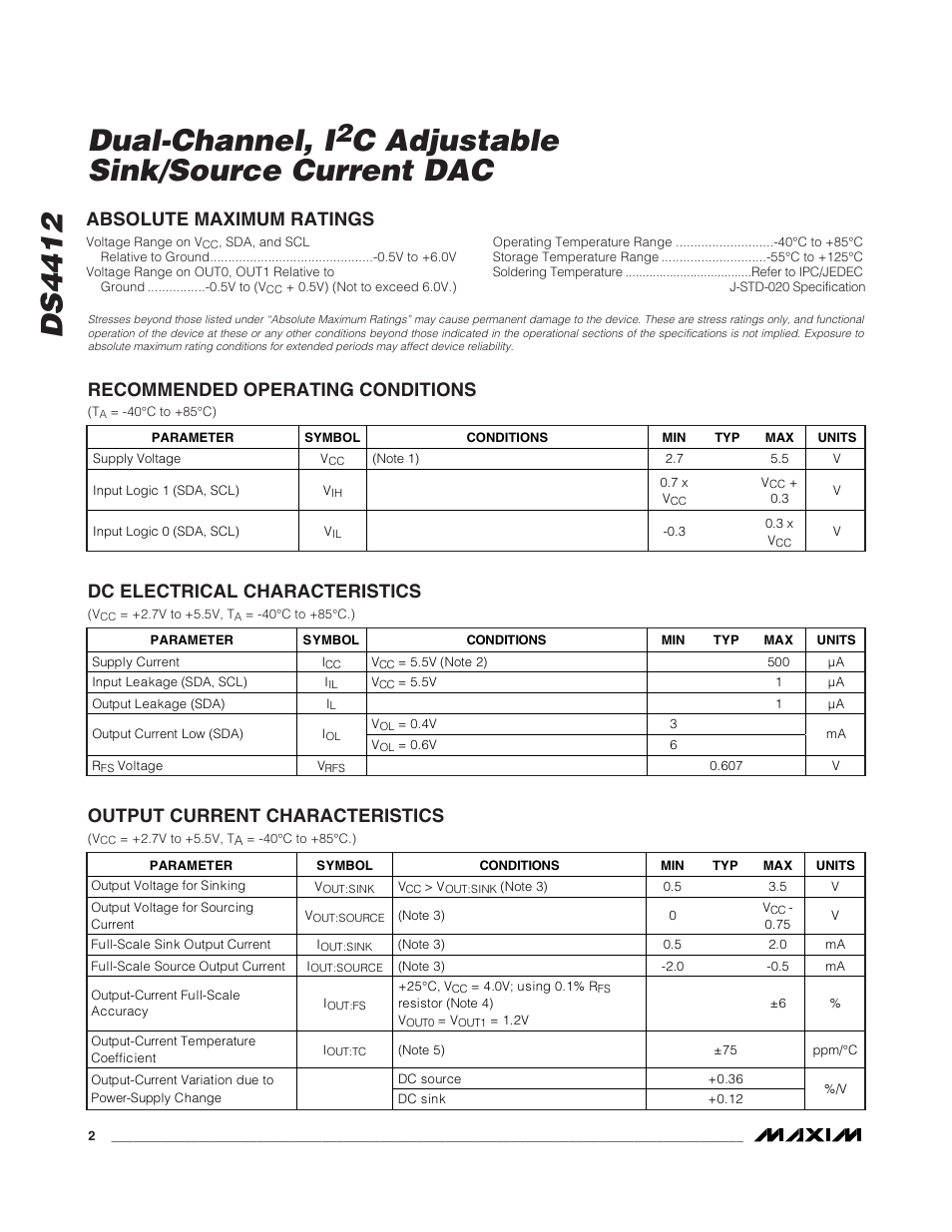 Ds4412 dual-channel, i, C adjustable sink/source current dac, Dc electrical characteristics | Output current characteristics | Rainbow Electronics DS4412 User Manual | Page 2 / 9