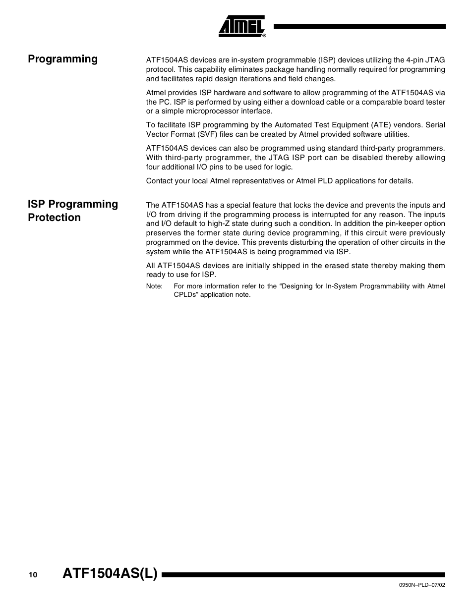 Programming, Isp programming protection, Atf1504as(l) | Rainbow Electronics ATF1504ASL User Manual | Page 10 / 33