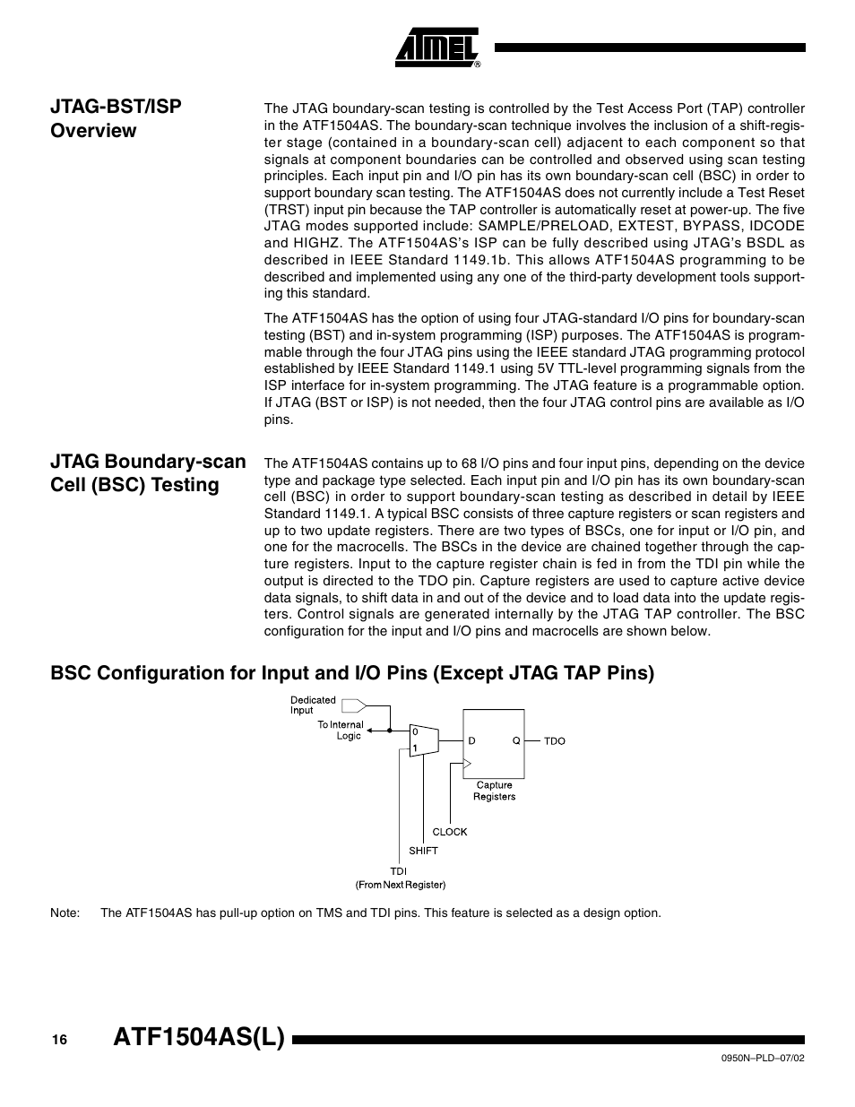 Jtag-bst/isp overview, Jtag boundary-scan cell (bsc) testing, Atf1504as(l) | Rainbow Electronics ATF1504ASL User Manual | Page 16 / 33