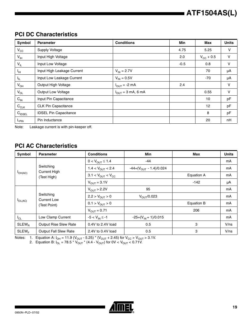Pci dc characteristics, Pci ac characteristics, Atf1504as(l) | Rainbow Electronics ATF1504ASL User Manual | Page 19 / 33