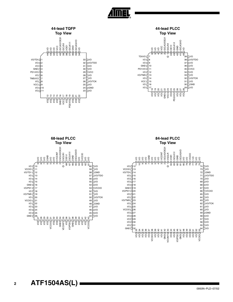 Atf1504as(l), Lead tqfp top view, Lead plcc top view | Rainbow Electronics ATF1504ASL User Manual | Page 2 / 33
