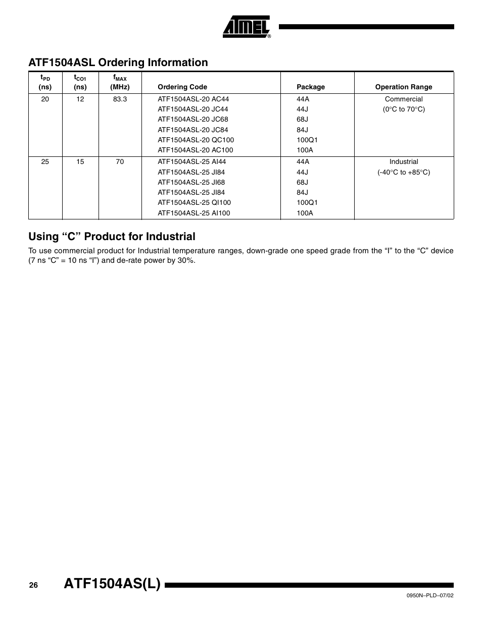 Using “c” product for industrial, Atf1504as(l), Atf1504asl ordering information | Rainbow Electronics ATF1504ASL User Manual | Page 26 / 33