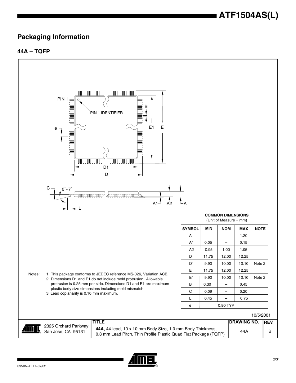 Packaging information, 44a – tqfp, Atf1504as(l) | Rainbow Electronics ATF1504ASL User Manual | Page 27 / 33