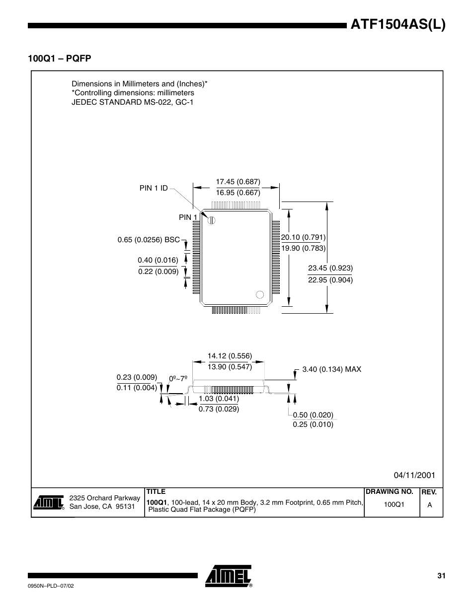 100q1 – pqfp, Atf1504as(l) | Rainbow Electronics ATF1504ASL User Manual | Page 31 / 33