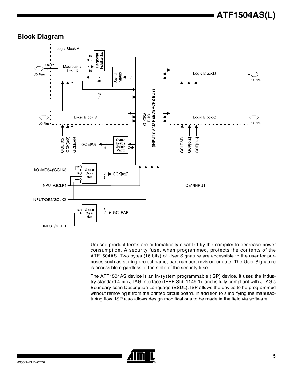 Block diagram, Atf1504as(l) | Rainbow Electronics ATF1504ASL User Manual | Page 5 / 33