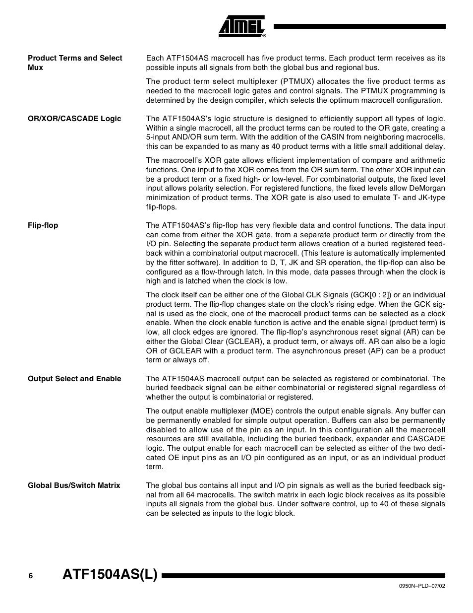 Product terms and select mux, Or/xor/cascade logic, Flip-flop | Output select and enable, Global bus/switch matrix, Atf1504as(l) | Rainbow Electronics ATF1504ASL User Manual | Page 6 / 33