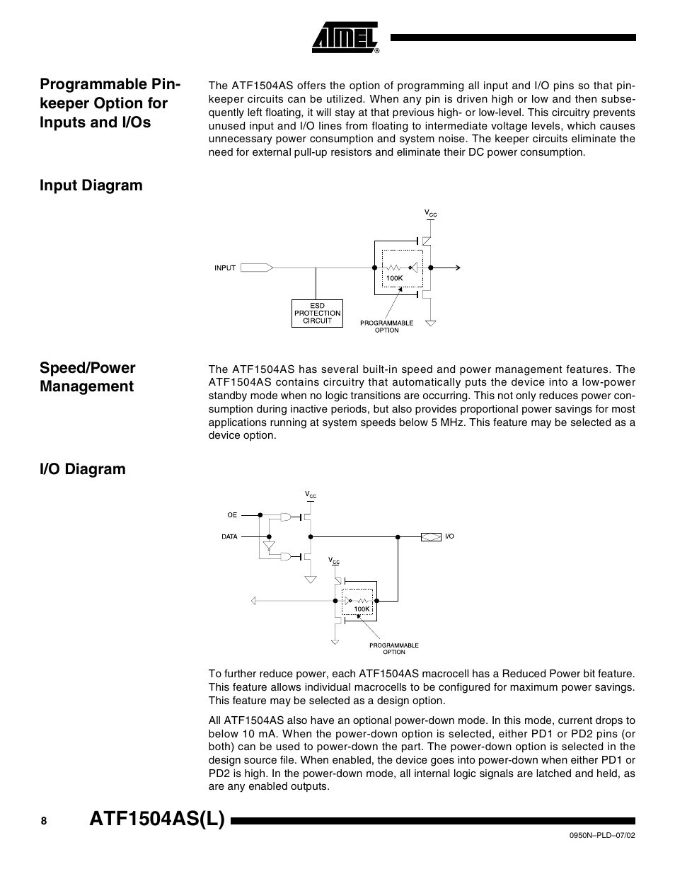 Input diagram, Speed/power management, I/o diagram | Atf1504as(l) | Rainbow Electronics ATF1504ASL User Manual | Page 8 / 33