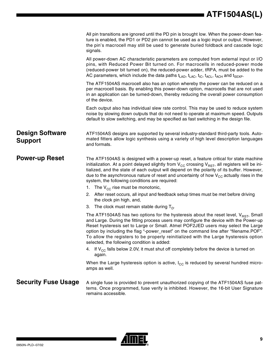 Design software support, Power-up reset, Security fuse usage | Atf1504as(l) | Rainbow Electronics ATF1504ASL User Manual | Page 9 / 33