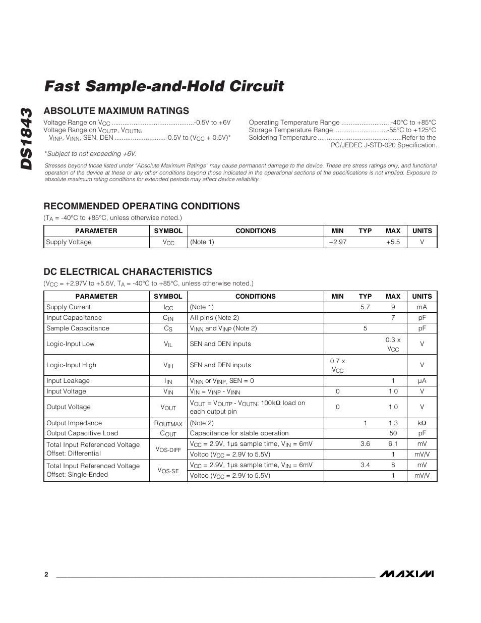 Ds1843 fast sample-and-hold circuit, Dc electrical characteristics | Rainbow Electronics DS1843 User Manual | Page 2 / 8
