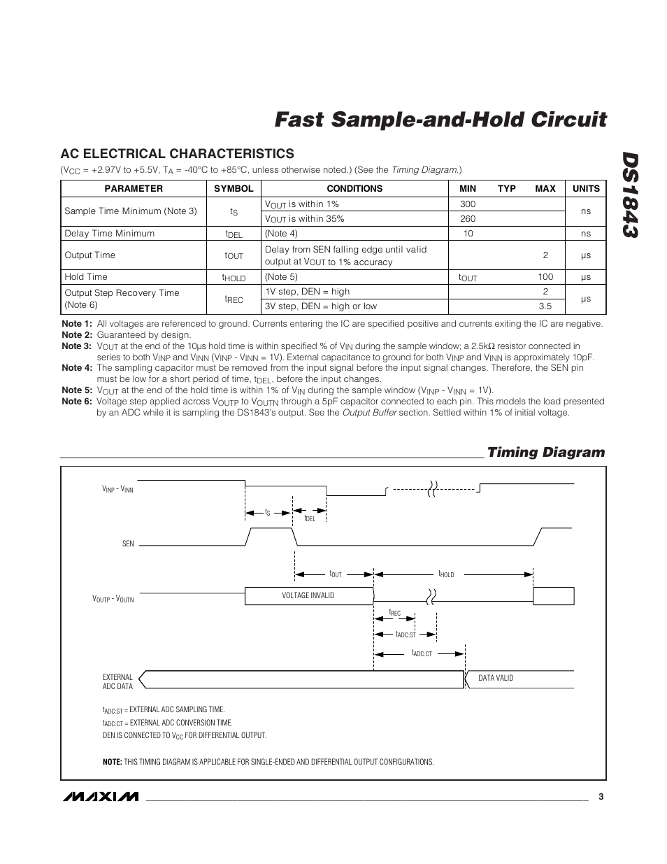 Ds1843 fast sample-and-hold circuit, Timing diagram, Ac electrical characteristics | Rainbow Electronics DS1843 User Manual | Page 3 / 8