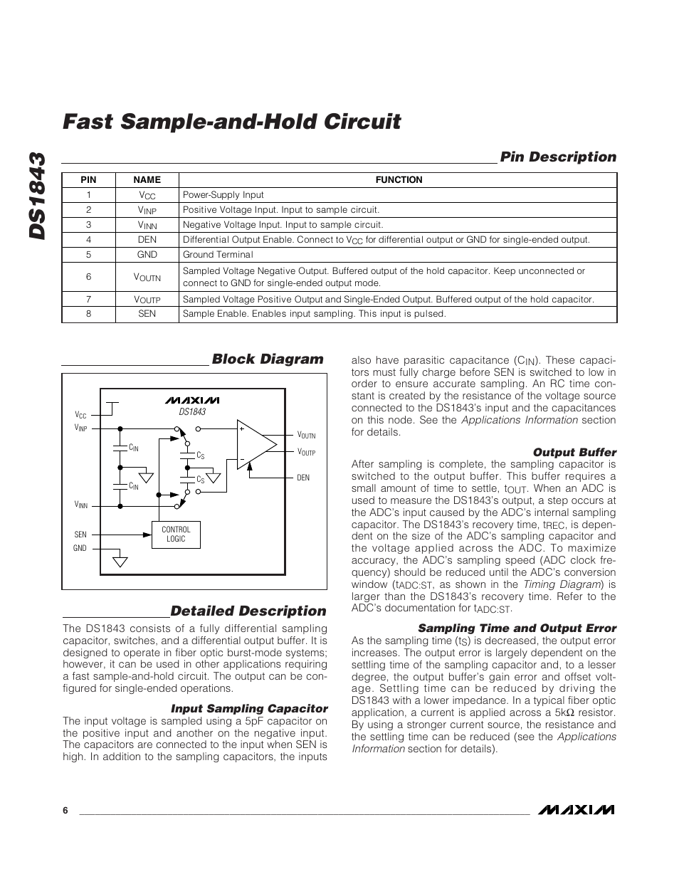 Ds1843 fast sample-and-hold circuit, Detailed description, Pin description | Block diagram | Rainbow Electronics DS1843 User Manual | Page 6 / 8