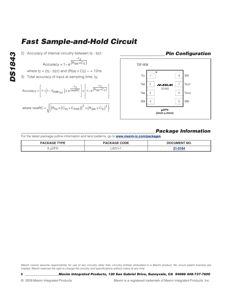 Fast sample-and-hold circuit ds1843, Pin configuration, Package information | Rainbow Electronics DS1843 User Manual | Page 8 / 8