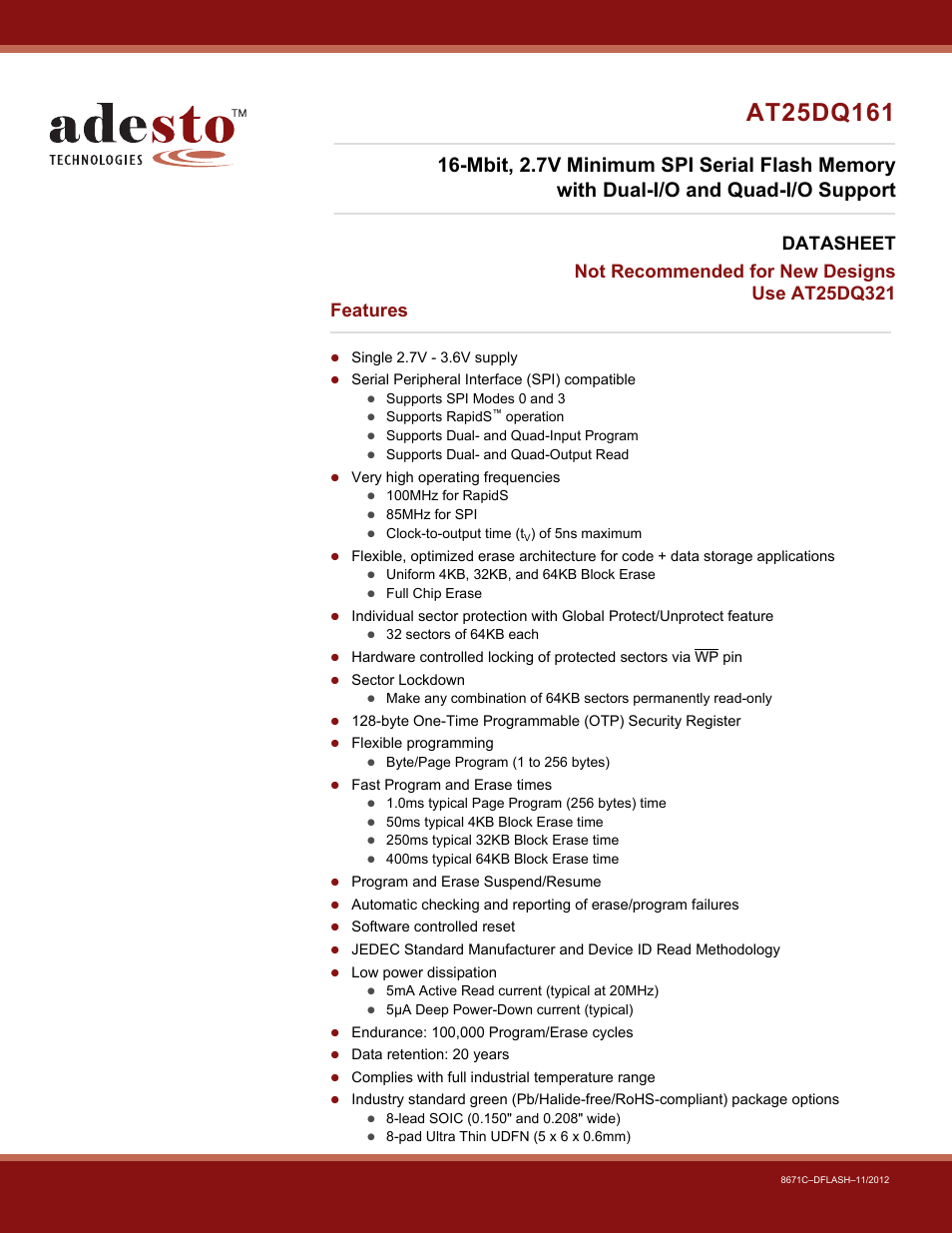 Rainbow Electronics AT25DQ161 User Manual | 65 pages