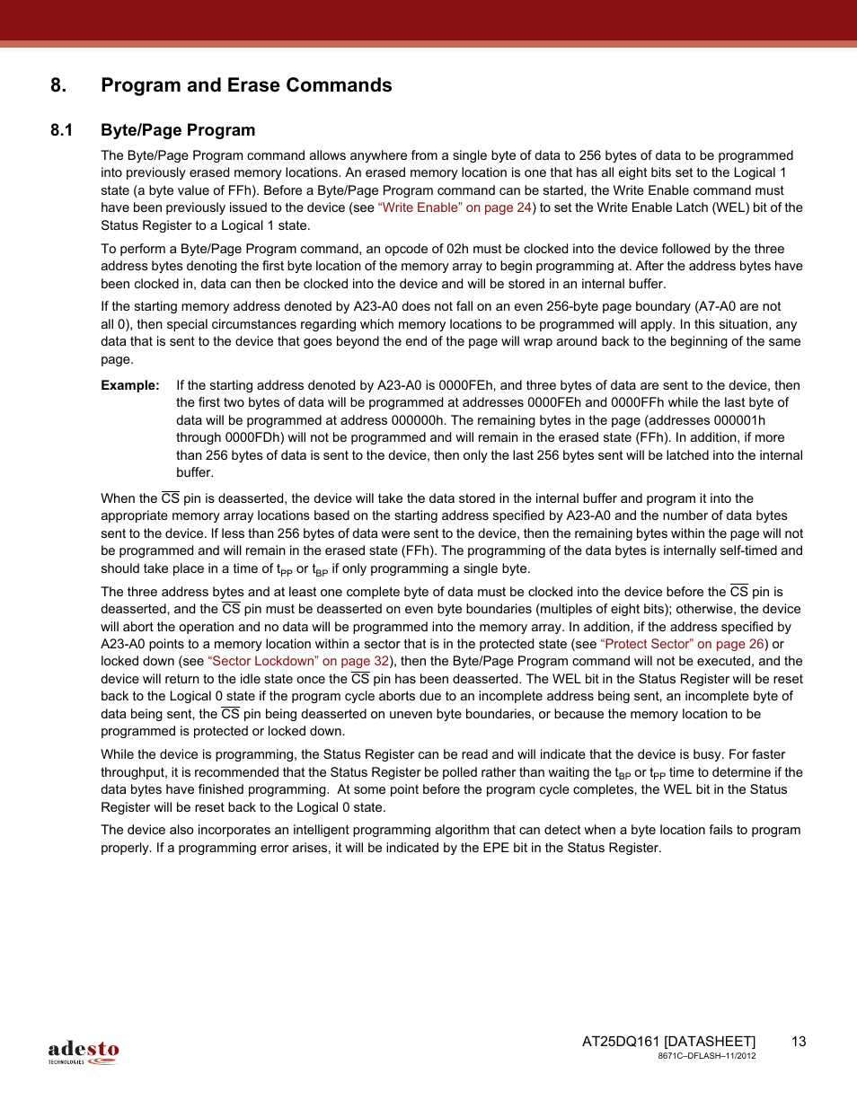 Program and erase commands, 1 byte/page program | Rainbow Electronics AT25DQ161 User Manual | Page 13 / 65