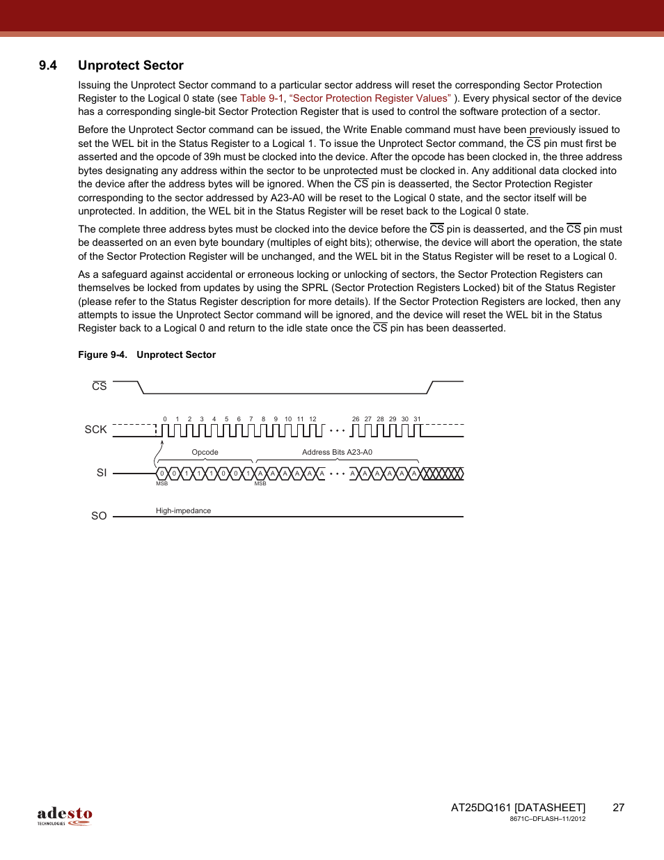 4 unprotect sector, Sck cs si so | Rainbow Electronics AT25DQ161 User Manual | Page 27 / 65