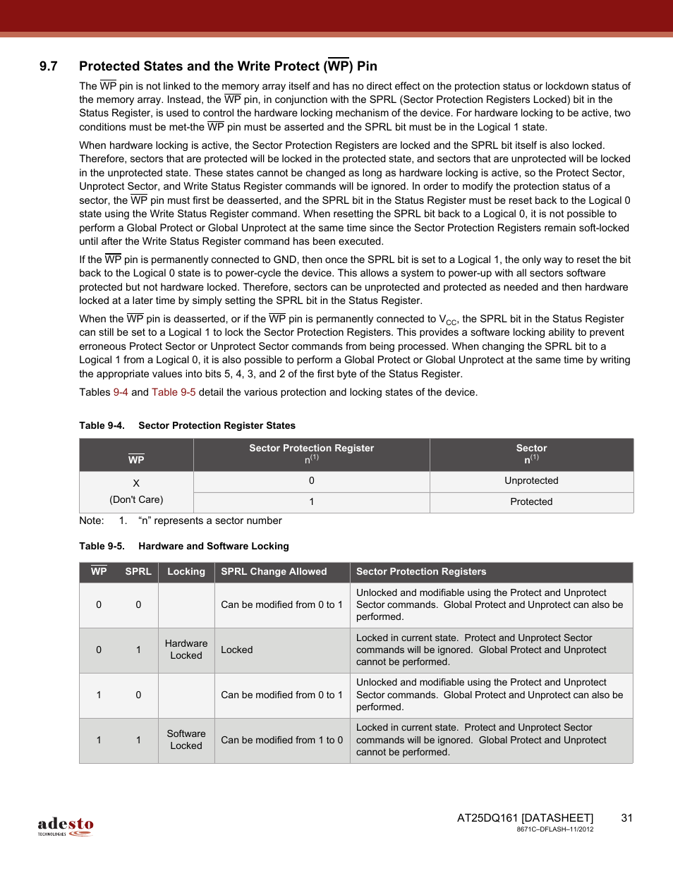 7 protected states and the write protect (wp) pin | Rainbow Electronics AT25DQ161 User Manual | Page 31 / 65
