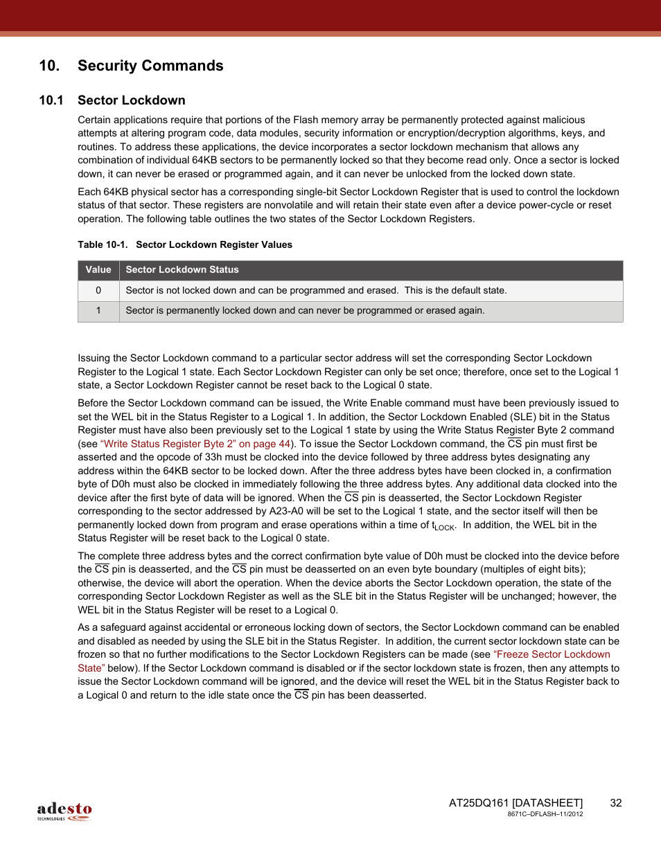 Security commands, 1 sector lockdown | Rainbow Electronics AT25DQ161 User Manual | Page 32 / 65