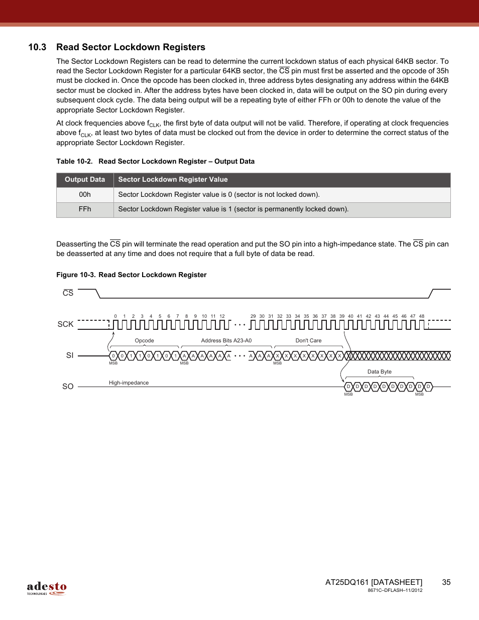 3 read sector lockdown registers, Sck cs si so | Rainbow Electronics AT25DQ161 User Manual | Page 35 / 65