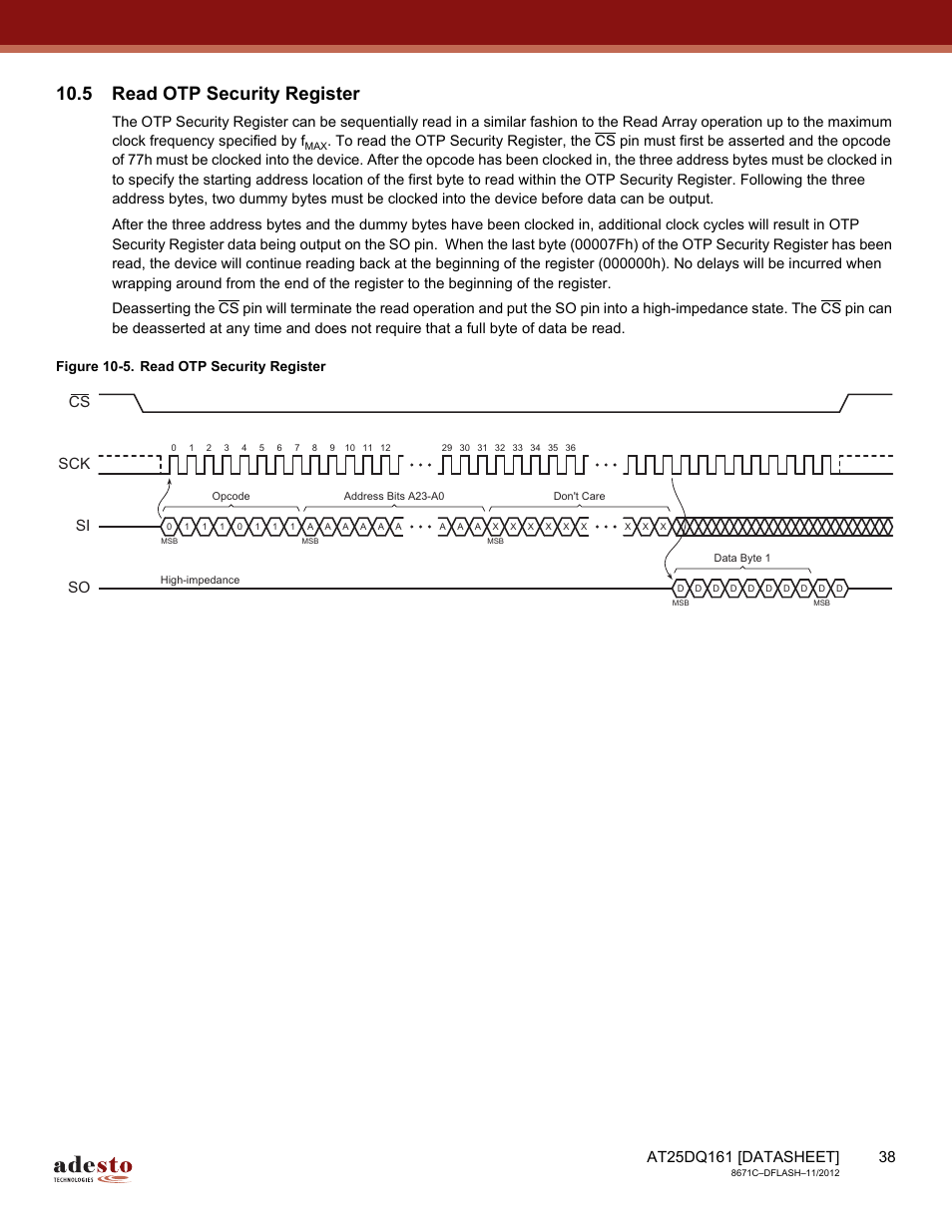 5 read otp security register, Sck cs si so | Rainbow Electronics AT25DQ161 User Manual | Page 38 / 65