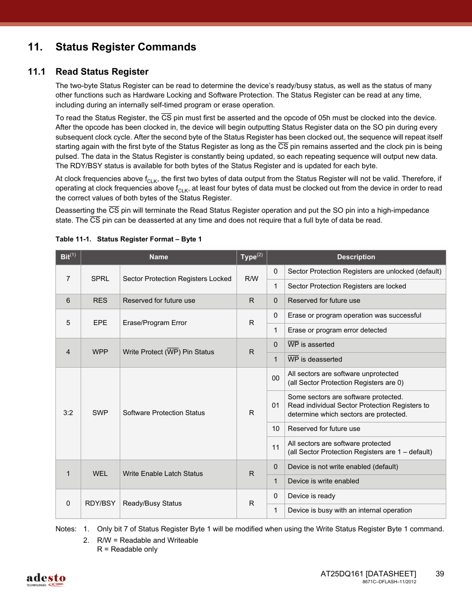 Status register commands, 1 read status register, Read status | For details on the status register | Rainbow Electronics AT25DQ161 User Manual | Page 39 / 65