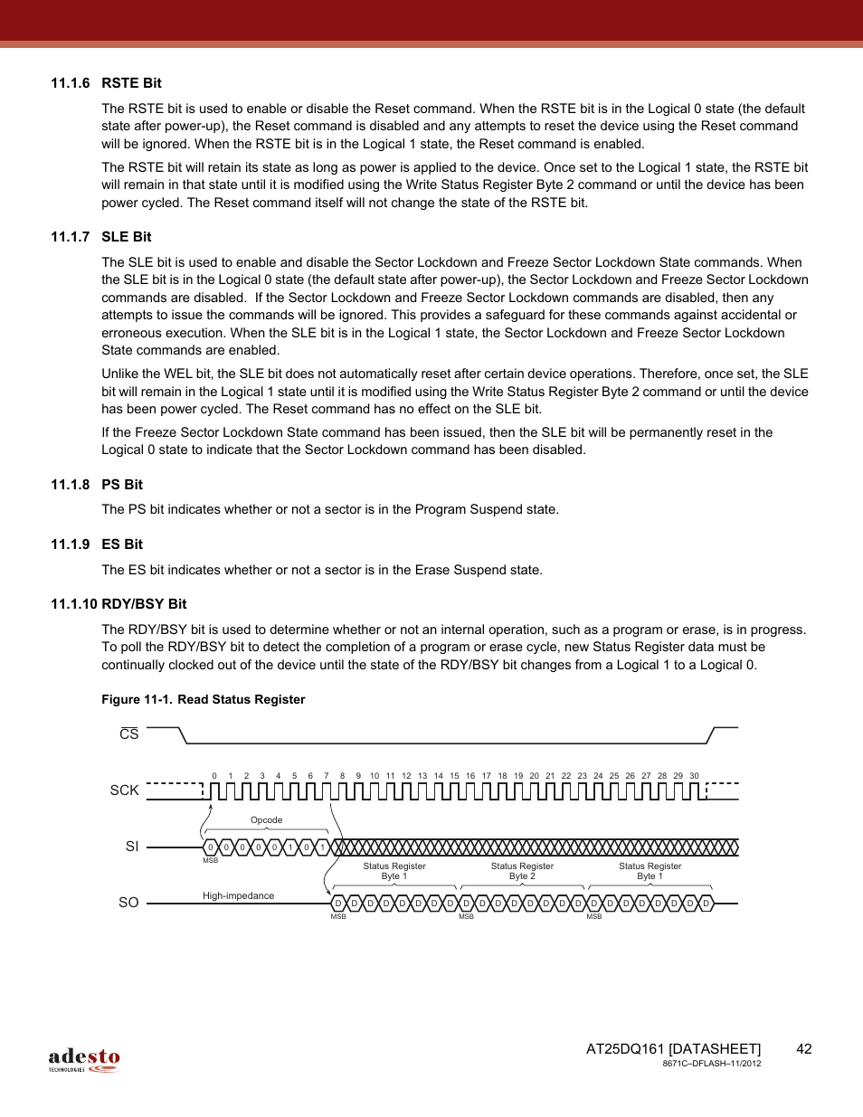 6 rste bit, 7 sle bit, 8 ps bit | 9 es bit, 10 rdy/bsy bit, Sck cs si so | Rainbow Electronics AT25DQ161 User Manual | Page 42 / 65