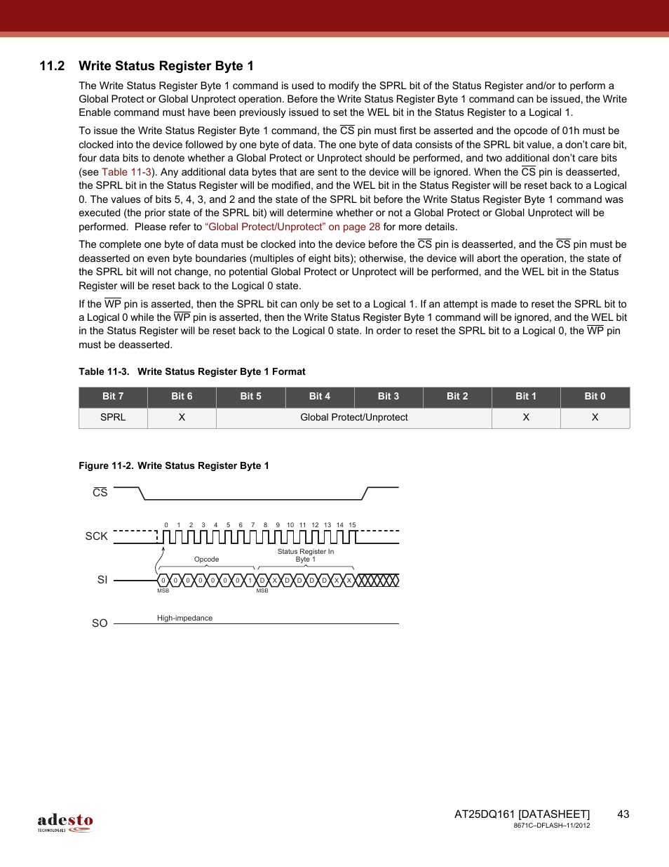 2 write status register byte 1, Sck cs si so | Rainbow Electronics AT25DQ161 User Manual | Page 43 / 65