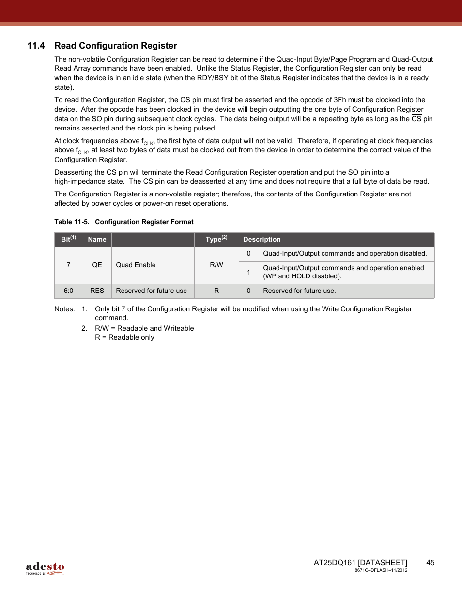 4 read configuration register | Rainbow Electronics AT25DQ161 User Manual | Page 45 / 65