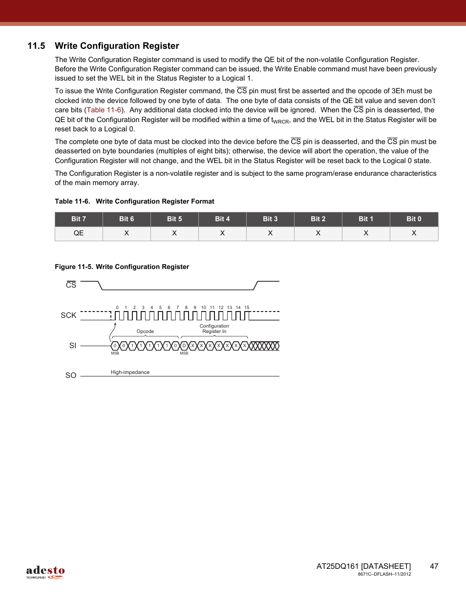 5 write configuration register, Sck cs si so | Rainbow Electronics AT25DQ161 User Manual | Page 47 / 65