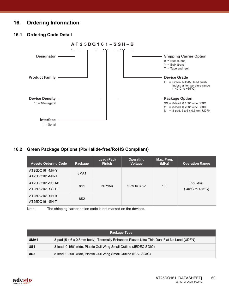 Ordering information, 1 ordering code detail | Rainbow Electronics AT25DQ161 User Manual | Page 60 / 65