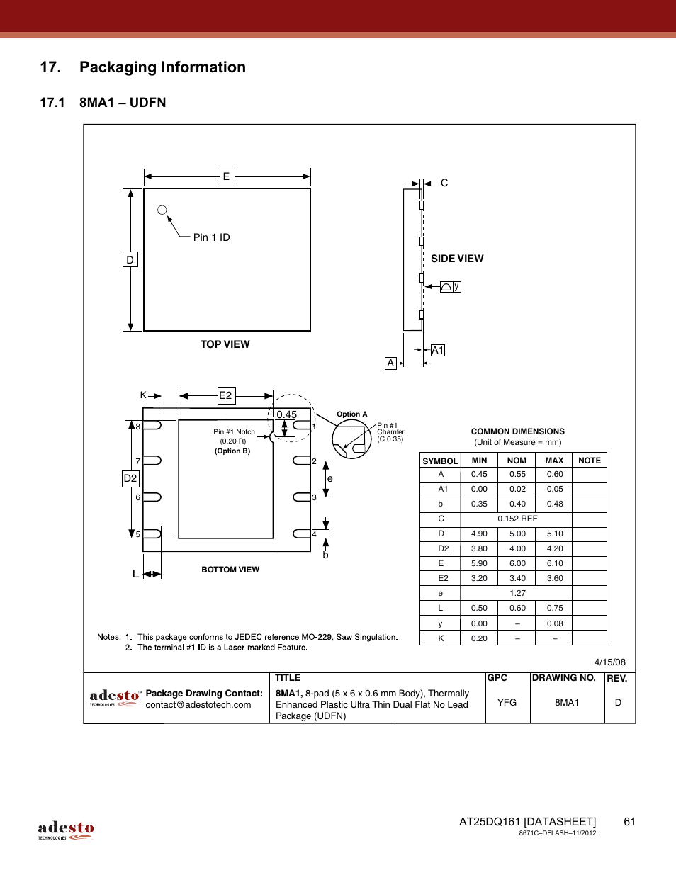 Packaging information, 1 8ma1 – udfn | Rainbow Electronics AT25DQ161 User Manual | Page 61 / 65